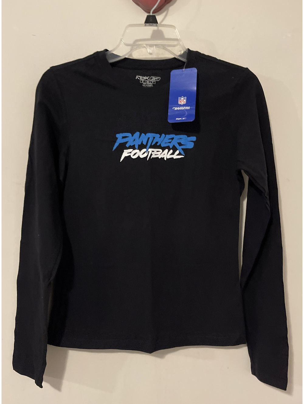 Reebok NFL Carolina Panthers Football Womens Small Black Cotton Shirt NWT! M251